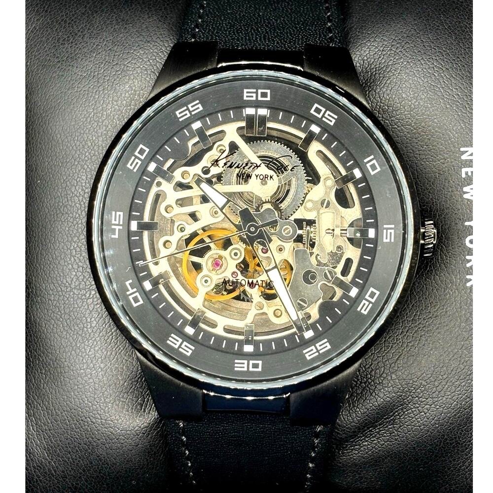 Kenneth Cole KC8048 Automatic Skeleton Men’s Watch Black Leather NIB